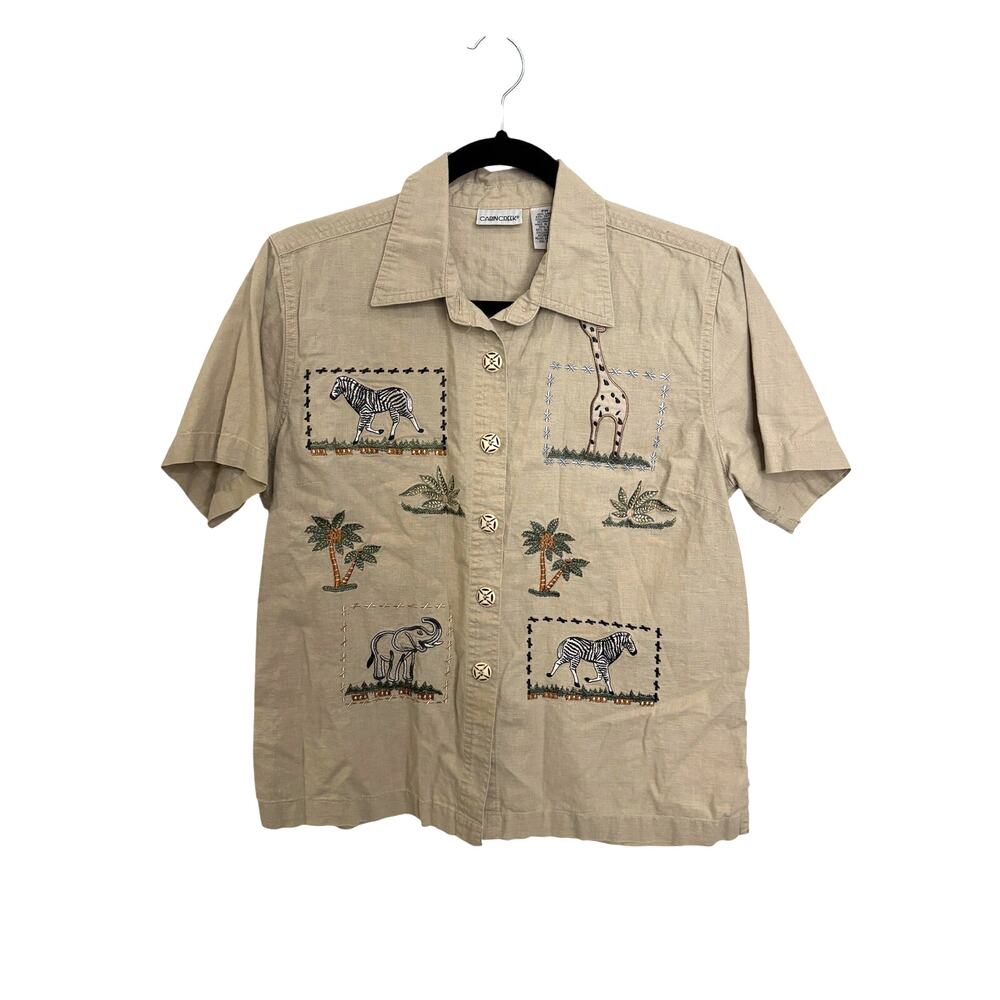 Cabin Creek Shirt Women Petite Medium Tan Safari Animal Embroidered Short Sleeve
